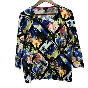 Talbots Cardigan Womens 1X Plus Button Front Tropical 3/4 Sleeve Lightweight